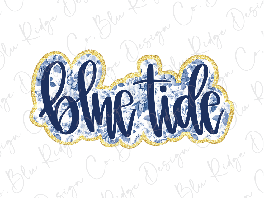 the word "Blue Tide" written in a decorative blue cursive font, surrounded by a floral pattern in blue and gold colors.