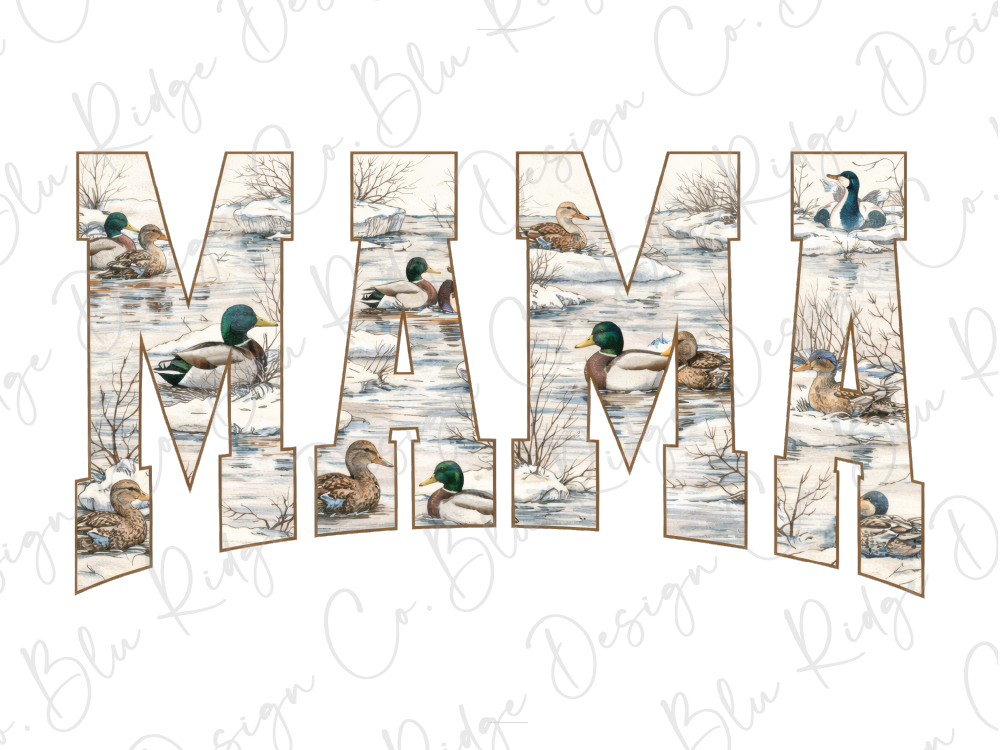 The image is a collage of various duck images arranged to spell out the word "MAMA".