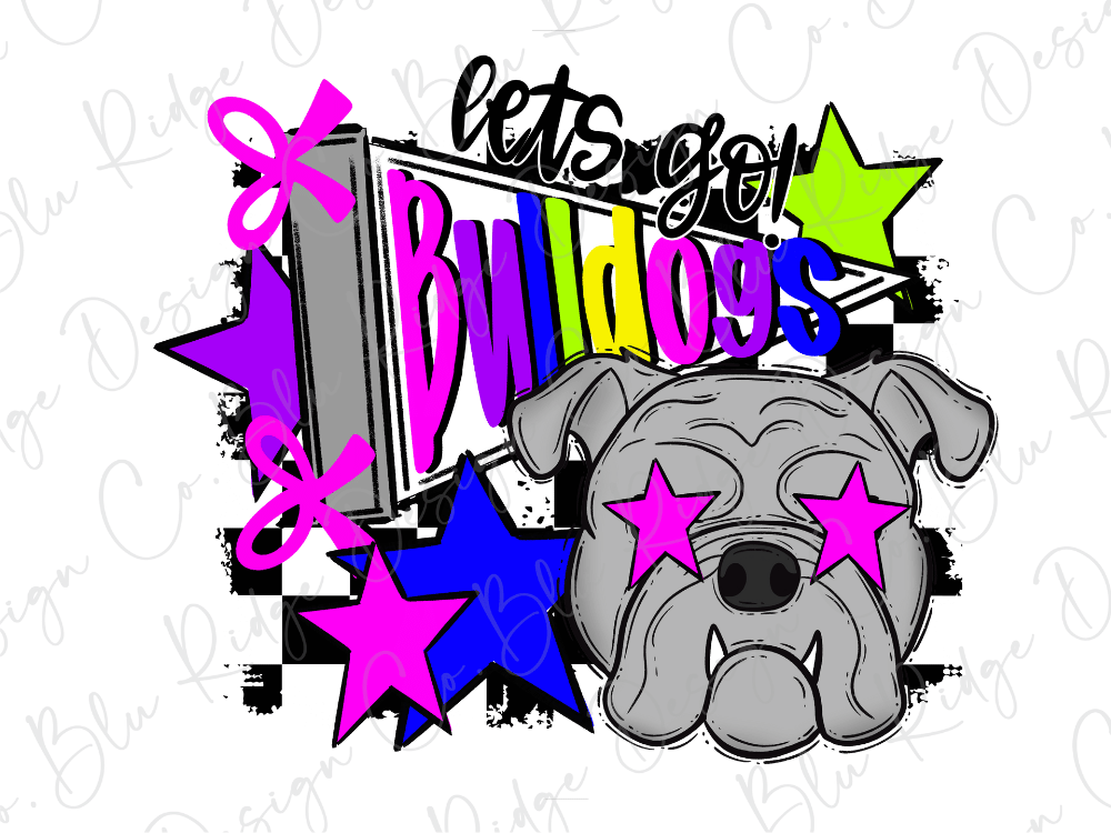 A colorful and stylized graphic design featuring a bulldog with large eyes and stars, surrounded by various shapes and patterns in shades of pink, purple, and blue.