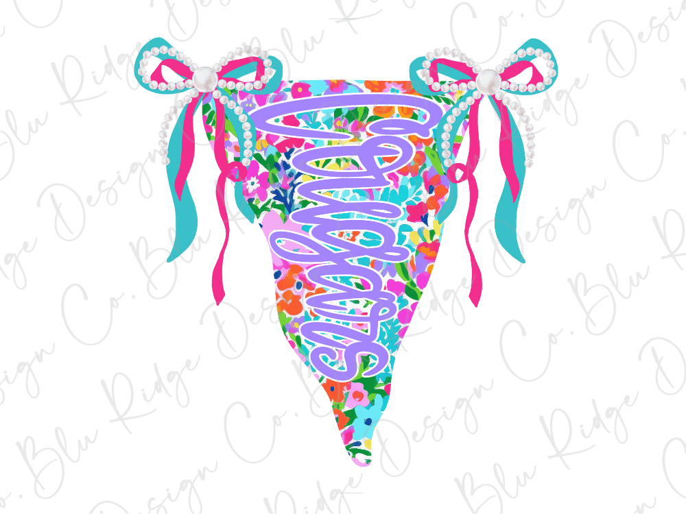 A colorful, floral-patterned banner with the word "Giraffes" written on it, along with two bows.