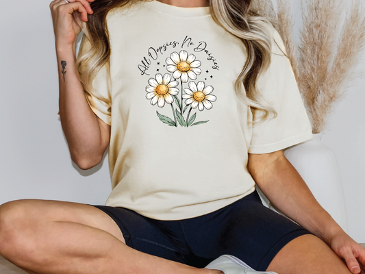 a woman wearing a t - shirt with flowers on it