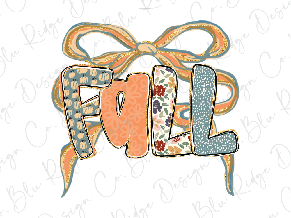 the word "FALL" written in a stylized, colorful font, with a decorative ribbon or bow around it.