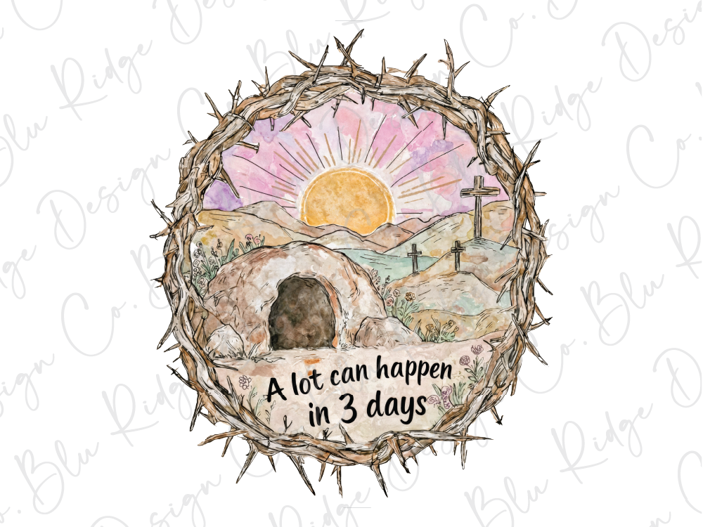 A wreath of thorns surrounds a scene depicting a cemetary with a cross, a tomb, and a sunrise or sunset in the background.