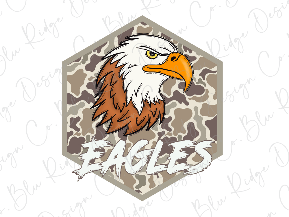 a stylized eagle head with a camouflage pattern, accompanied by the word "EAGLES" written below it.