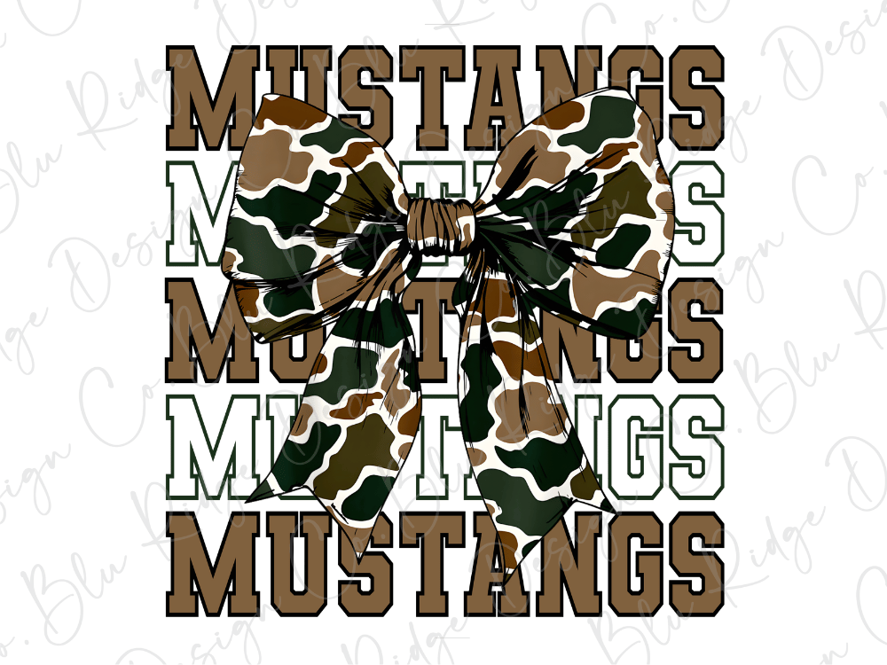 A camouflage bow with the word "MUSTANG" written in a repeating pattern of brown and green letters.
