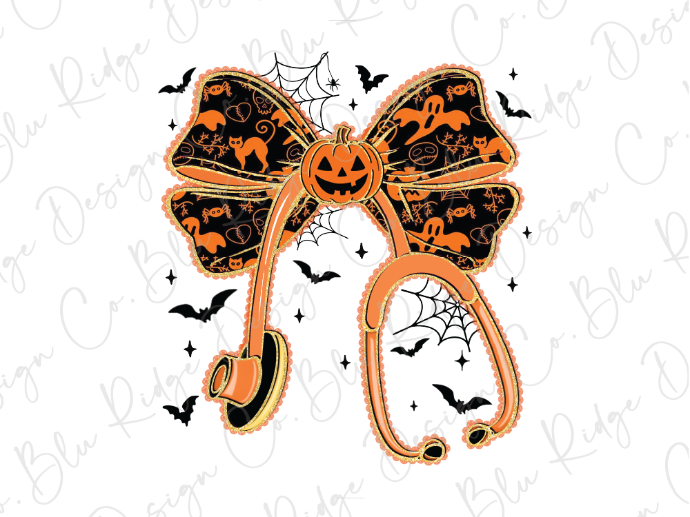 Halloween-themed illustration featuring a large orange bow with a jack-o-lantern design, surrounded by bats and spiderwebs.
