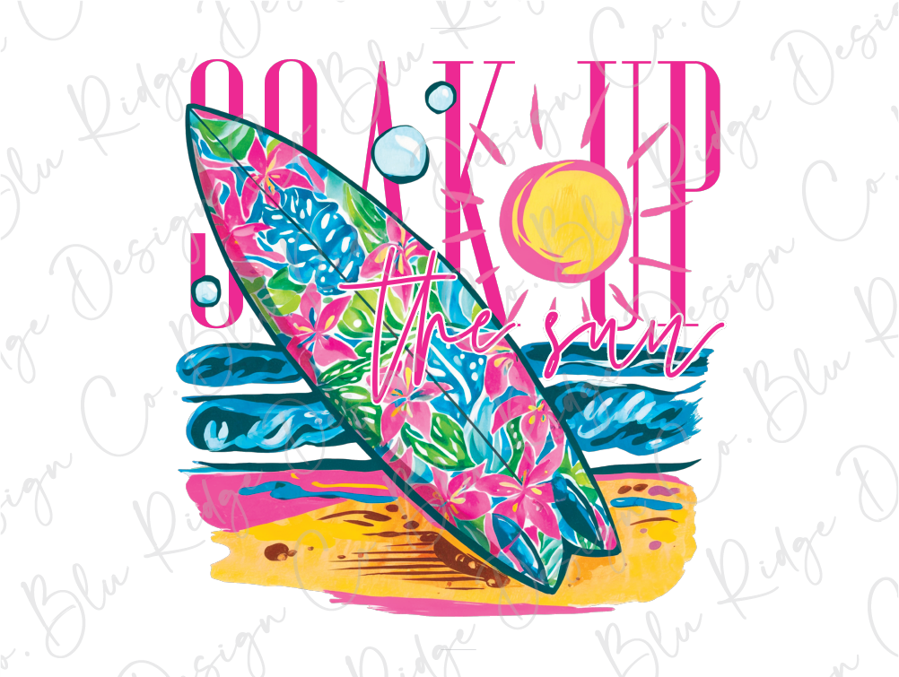 A colorful surfboard with a floral pattern and the text "The sun" written on it, set against a beach scene with waves and sand.