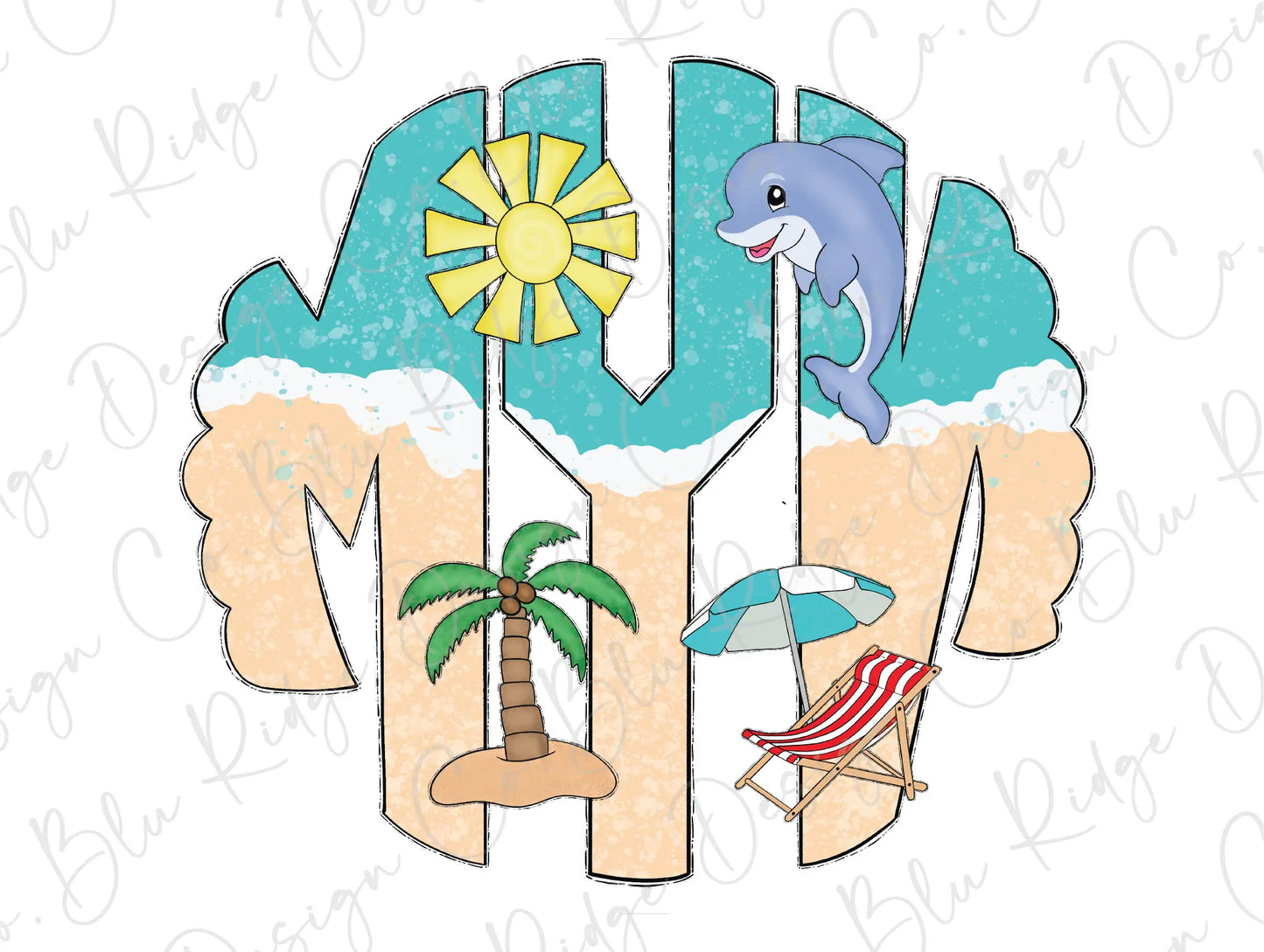 a drawing of a beach scene with a dolphin and a palm tree