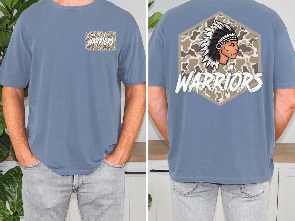 a man wearing a blue t-shirt with a graphic design on the back. The design features a Native American headdress and the word "WARRIORS" written below it.