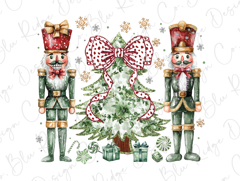 a watercolor painting of two nutcrackers next to a christmas tree