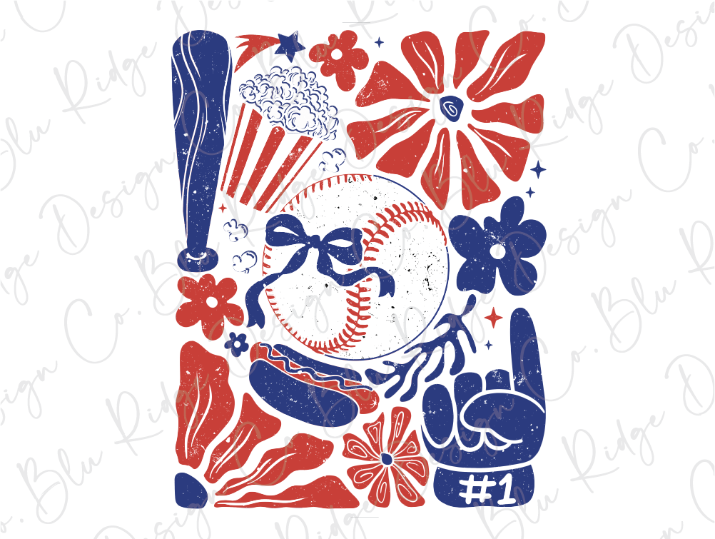 a red, white and blue illustration of a baseball bat, glove, and flowers
