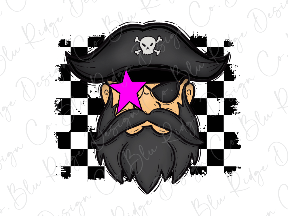 A pirate face with a black beard, a black hat with a skull and crossbones, and a pink star on the left eye.