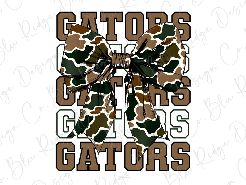 A camouflage bow with the word "GATORS" written in a stylized font, surrounded by the word "GATORS" in a larger font.