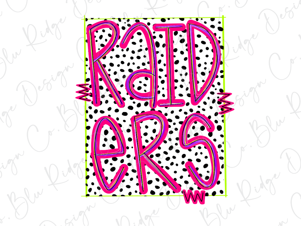 the word "RAIDERS" in a bold, pink font against a background of black and white polka dots.