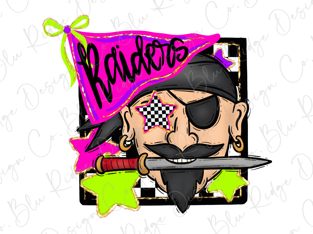 a pirate face with a sword, a checkered flag, and a star, all set against a pink and green background.