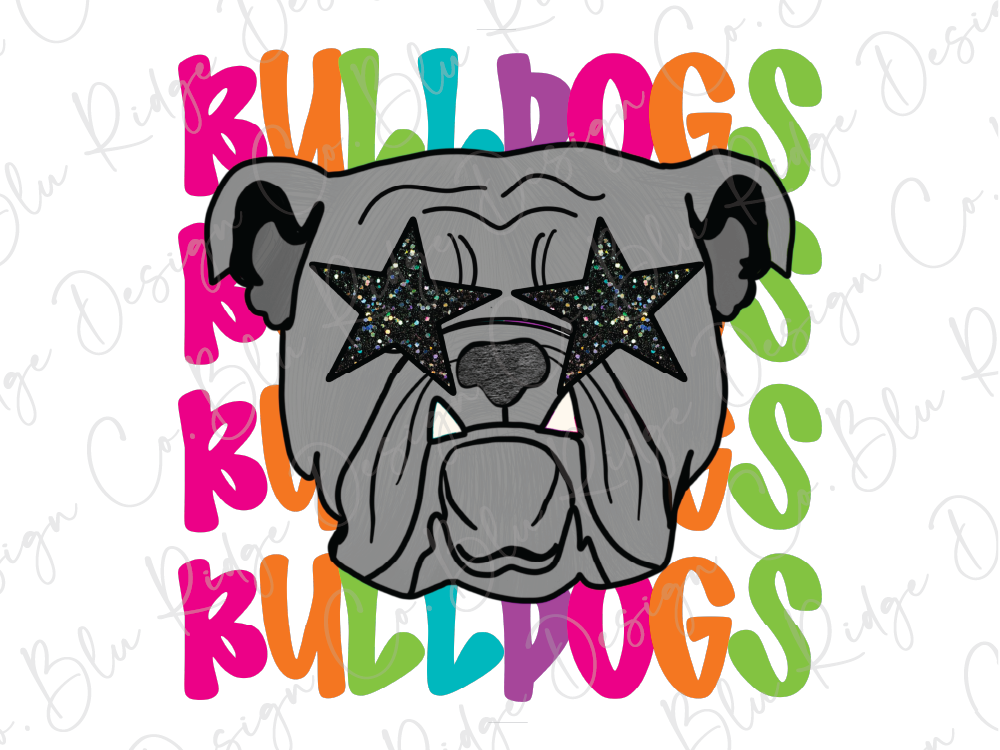 A stylized illustration of a bulldog wearing star-shaped glasses, surrounded by colorful text that reads "Bulldogs" in various colors.