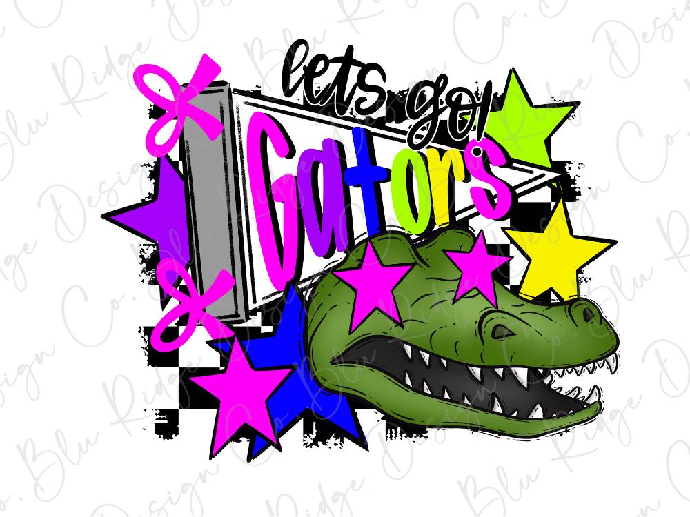 A colorful and stylized graphic design featuring a green alligator head surrounded by various shapes and text elements, including stars, lines, and the phrase "Let's go Gators".