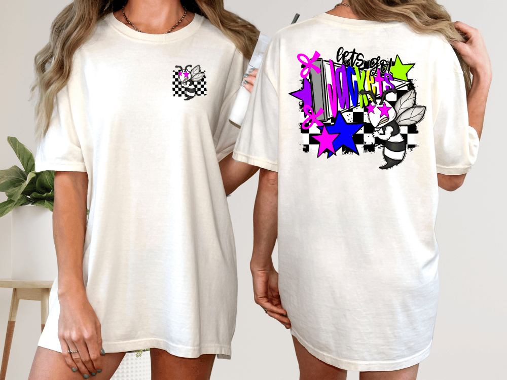 two different views of a white t-shirt with colorful graphics and text on the back.