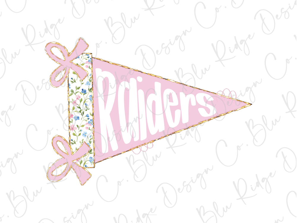 A pink triangular flag with the word "Riders" written on it, along with two pink bows.