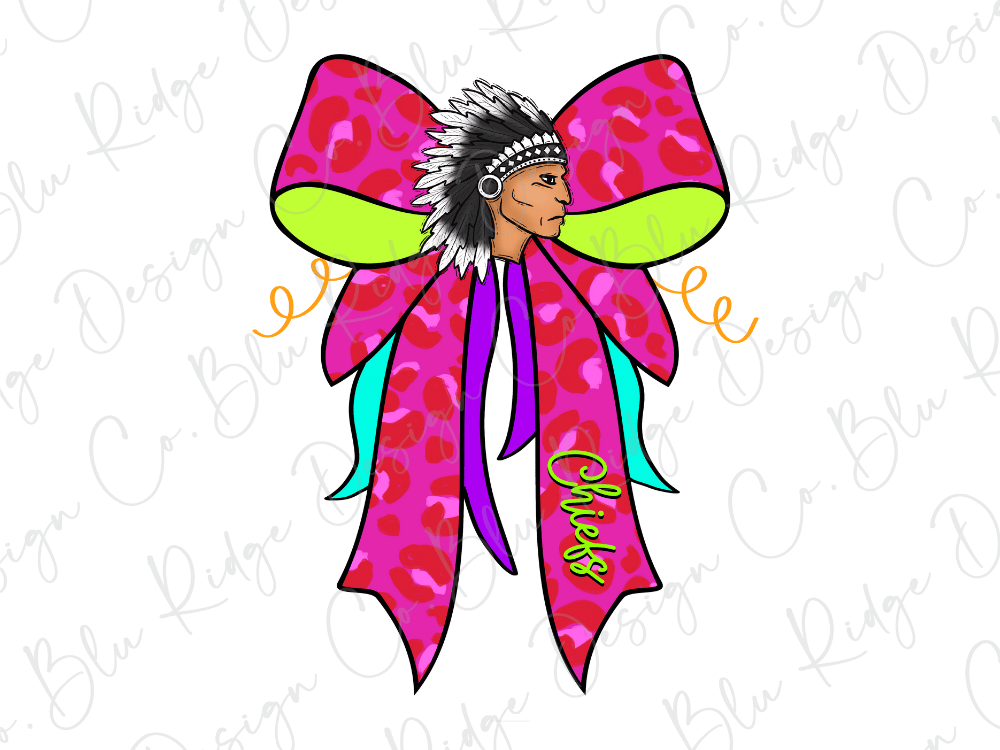 A colorful illustration of a Native American head wearing a headdress, with a large pink bow featuring a leopard print pattern and the word "Chicks" written on it.