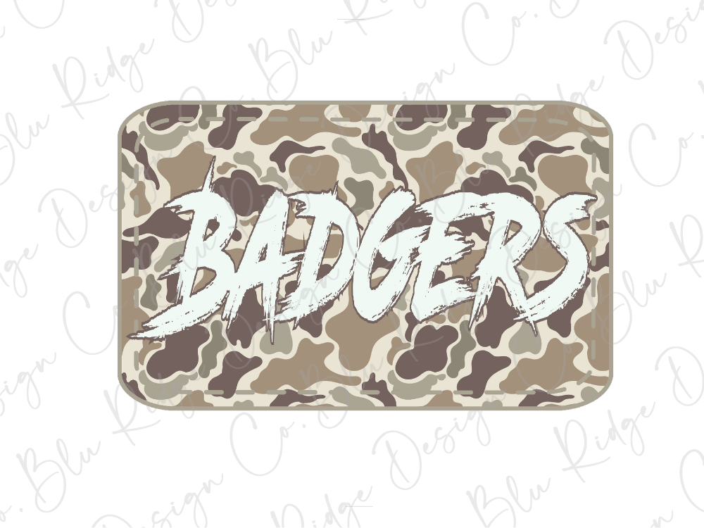 A camouflage-patterned sticker or decal with the word "BADGERS" written in a stylized, graffiti-like font.