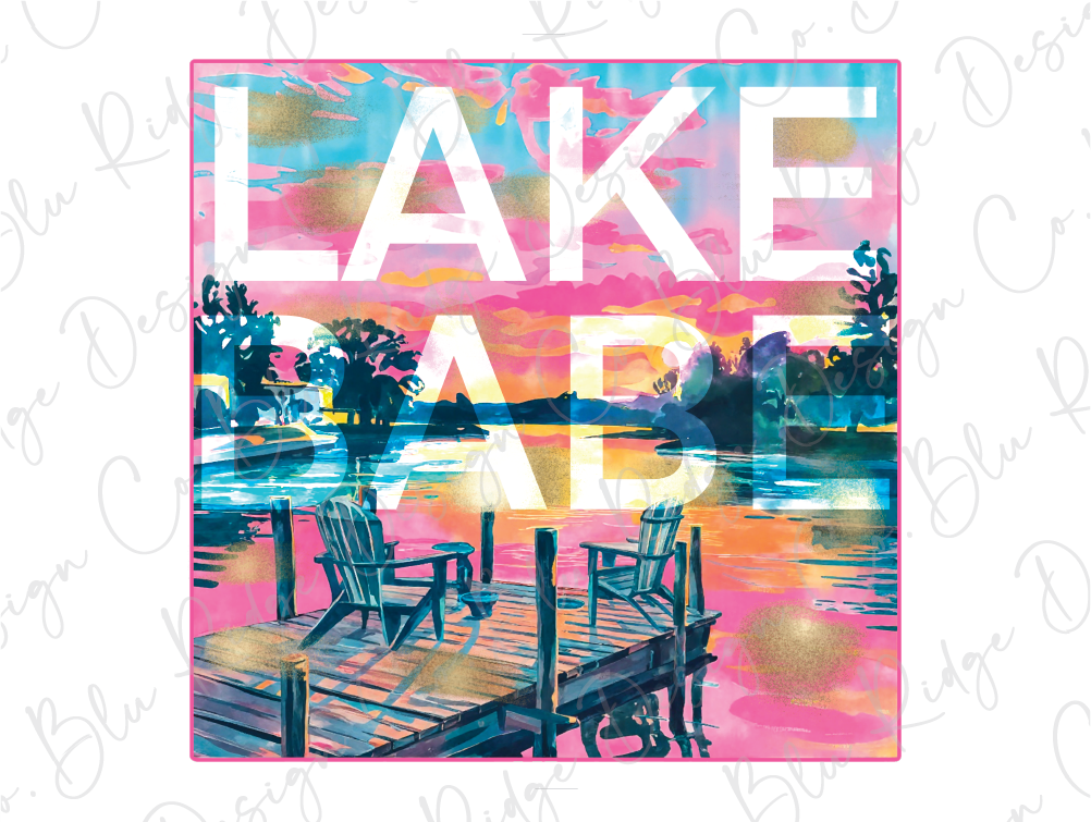 a painting of a lake with chairs and a dock