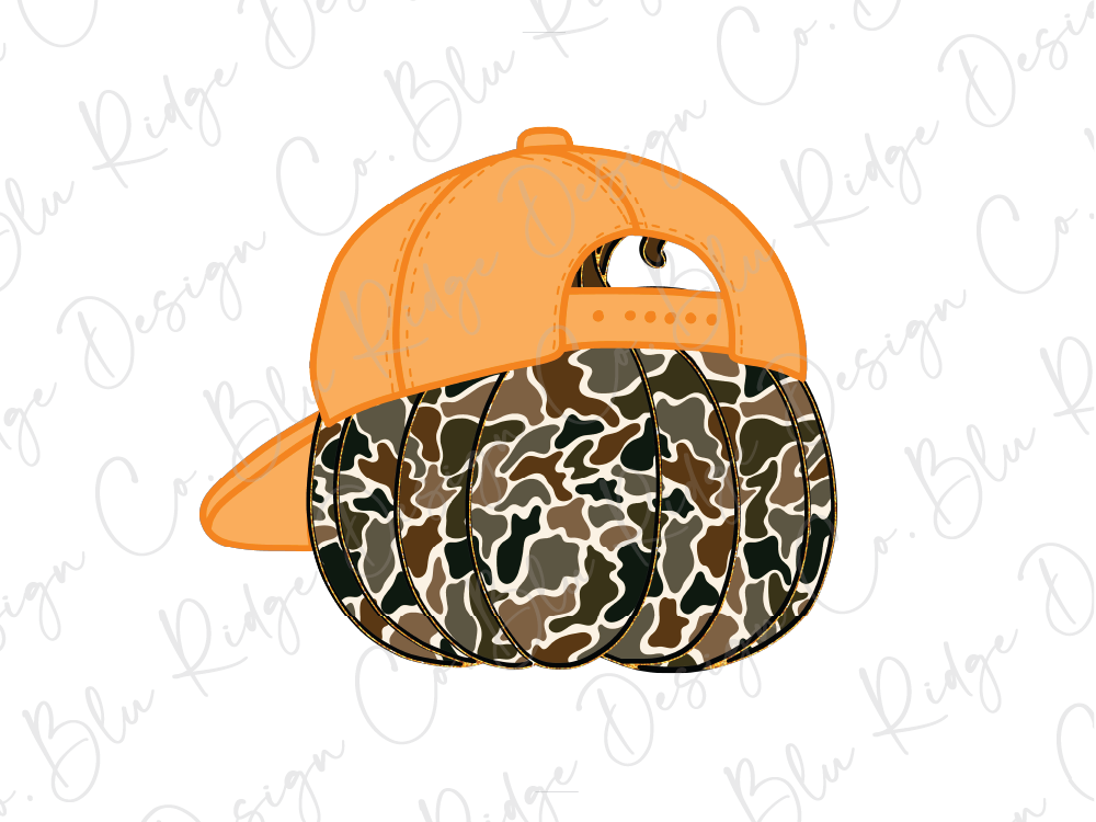 An orange baseball cap with a camouflage pattern, resembling a pumpkin.