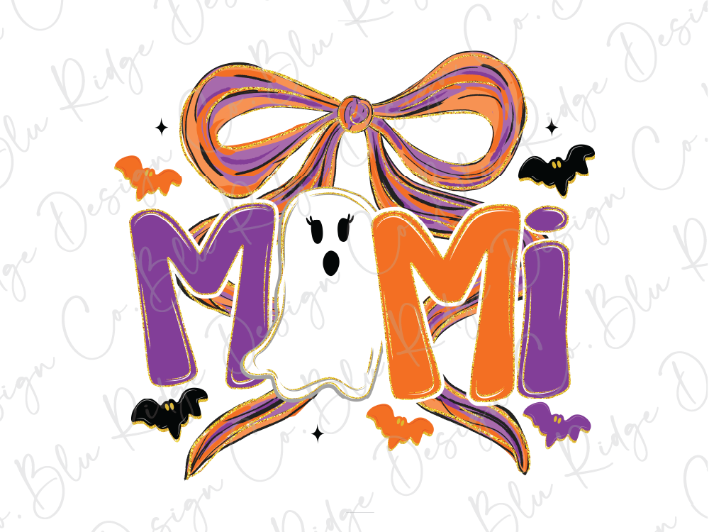 a Halloween-themed design with a ghost, a bow, and bats.