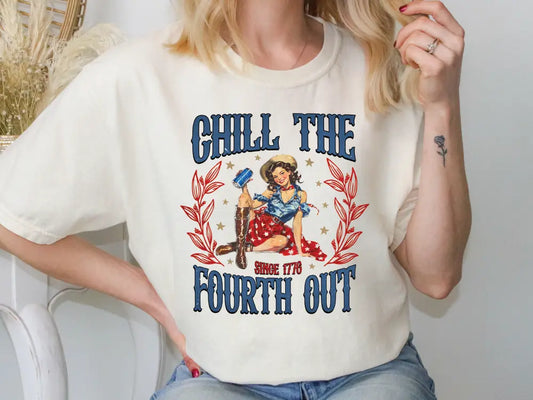 a woman wearing a t - shirt that says chill the fourth out