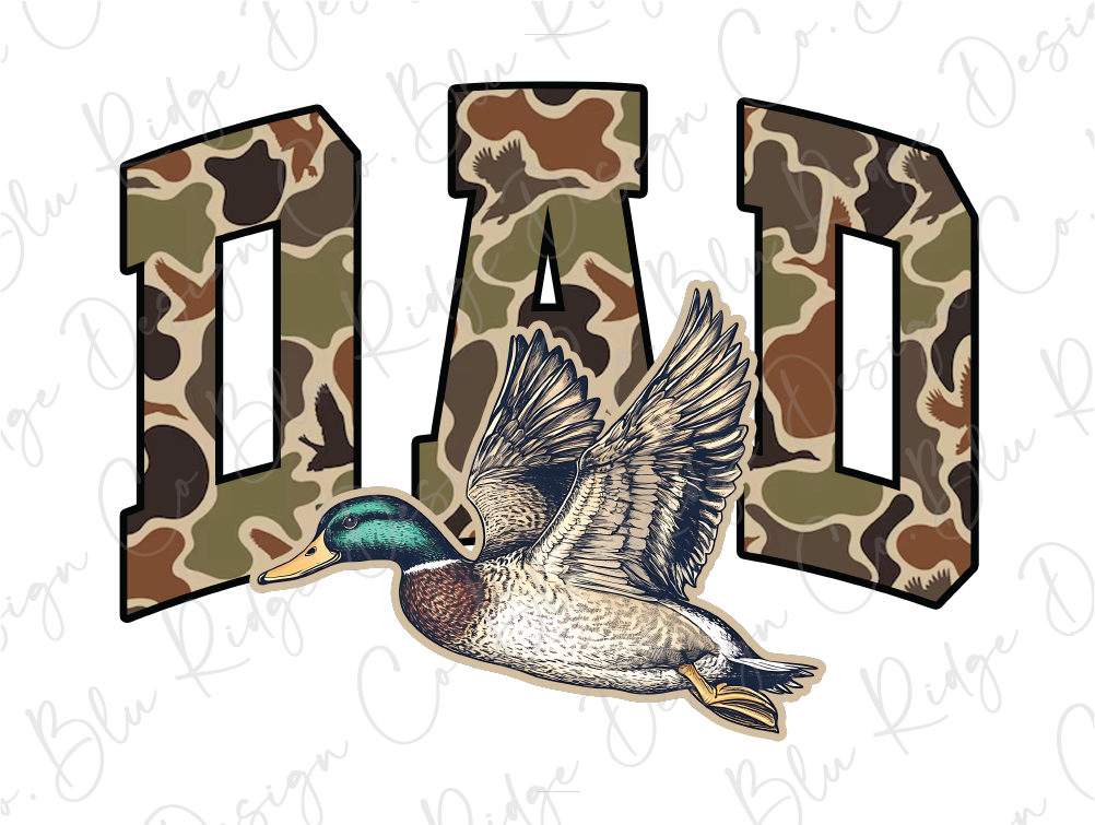 a duck flying in front of the word dad