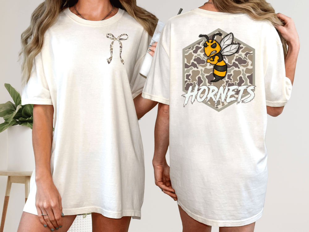 two different views of a white t-shirt with a graphic design on the back. The design features a bee and the word "Horns" written on it.