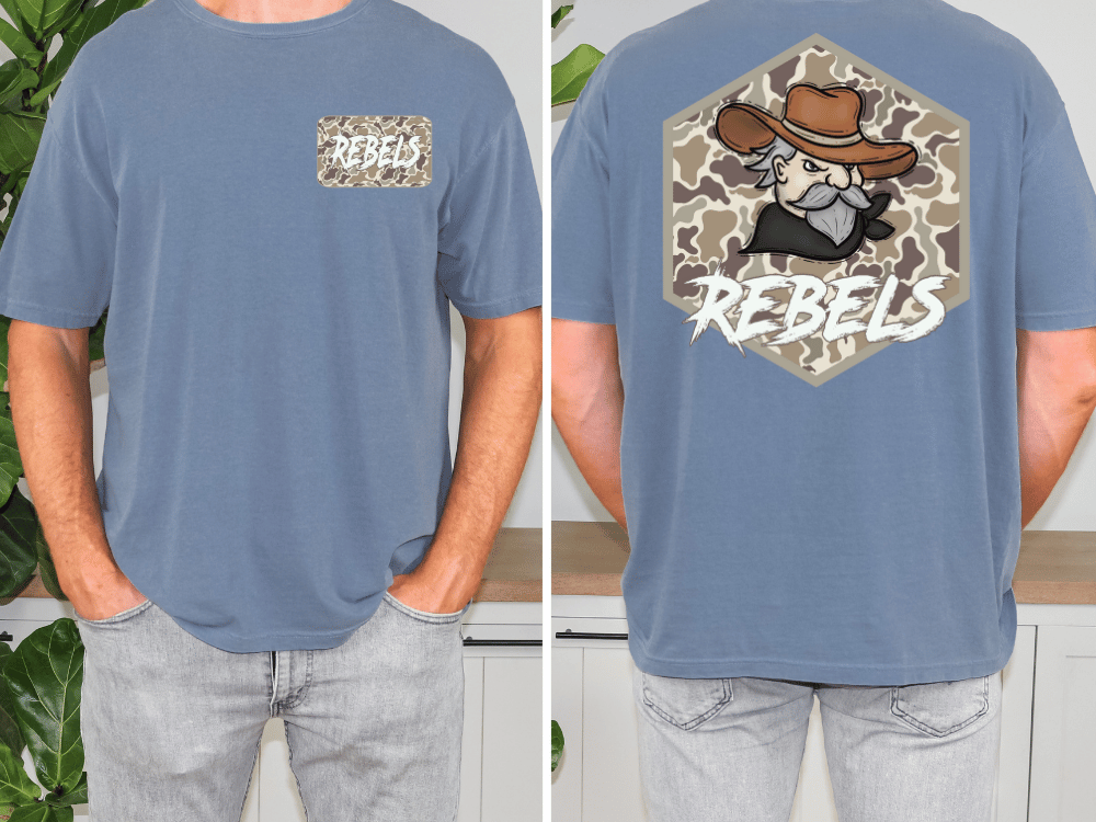 a man wearing a blue t-shirt with a graphic design on the back. The design features a cartoon character wearing a cowboy hat and the word "REBELS" written above it.