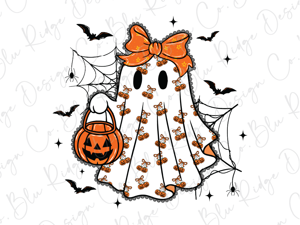 A Halloween-themed illustration featuring a ghost with a bow, holding a carved pumpkin and surrounded by bats and spiderwebs.
