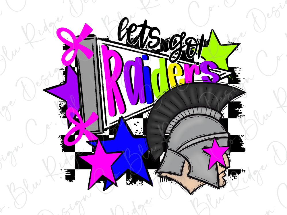 A colorful and stylized graphic design featuring a helmet, stars, and text that reads "Let's go! Raiders".