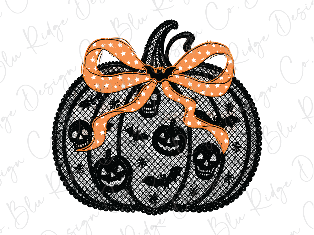 A black lace pumpkin with orange stars and bats, creating a spooky and festive Halloween design.
