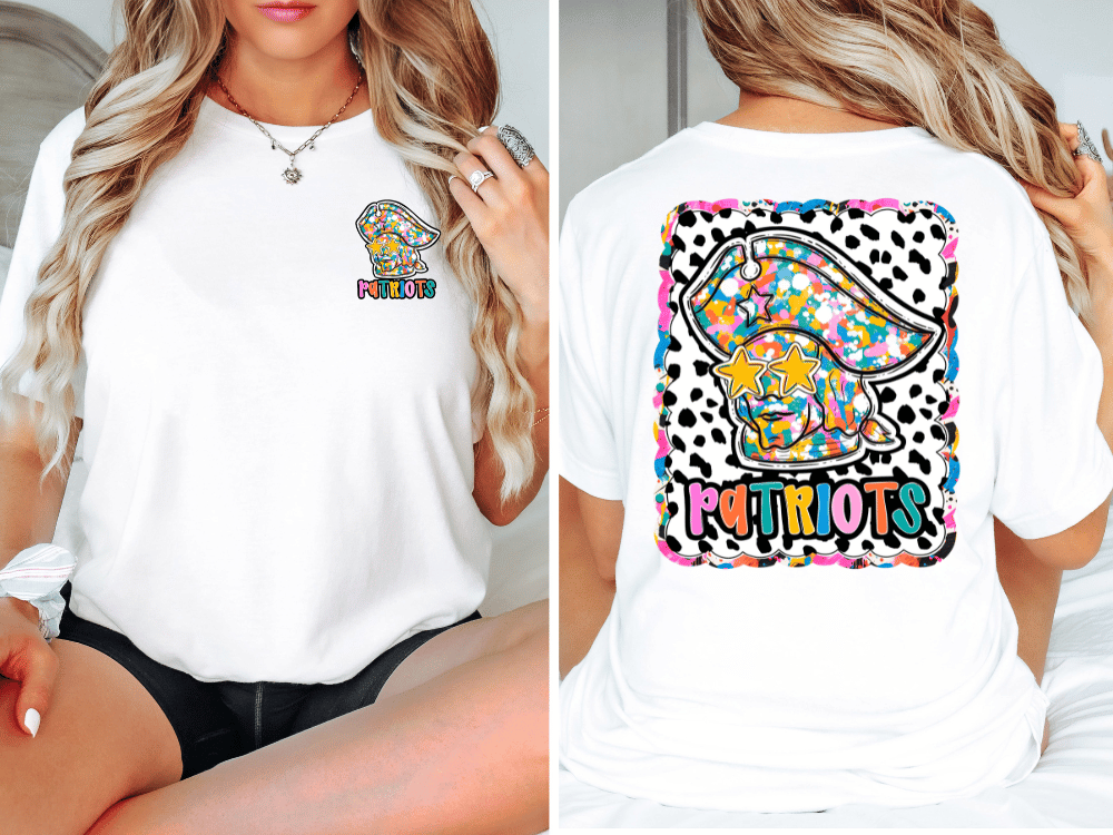 The image is a collage of two photos. In the first photo, a woman is wearing a white t-shirt with a colorful graphic and text on the back. In the second photo, the woman is sitting on a bed, and the back of her white t-shirt is visible, featuring a colorful graphic and text.