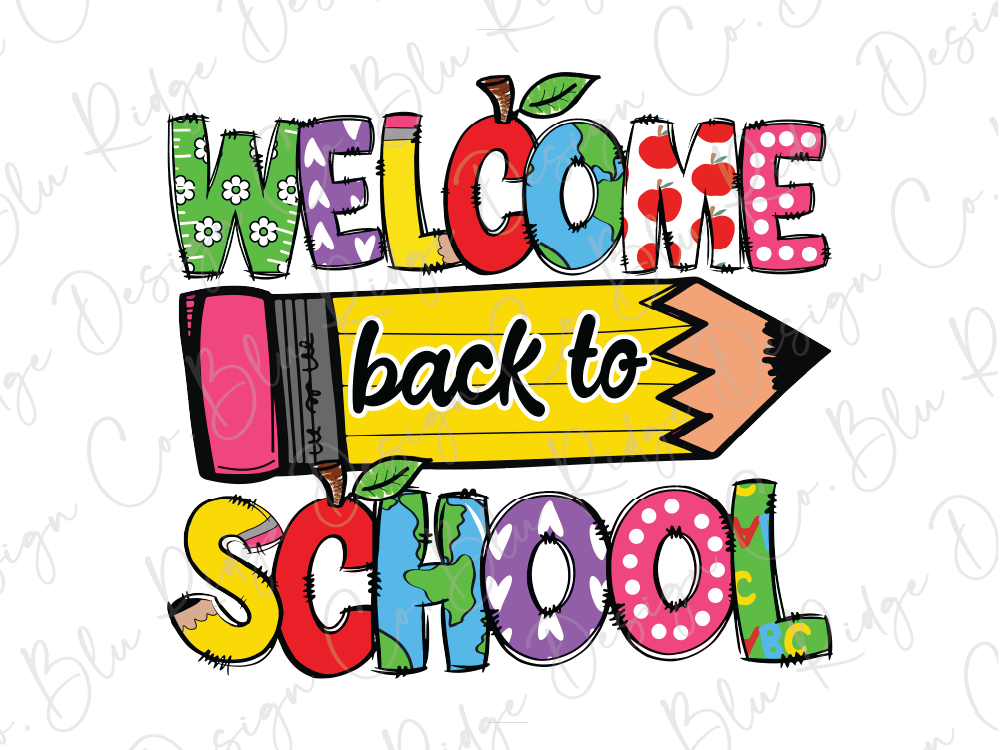 a colorful and playful design with the text "Welcome back to school" written in a stylized font using various shapes and colors, including a pencil and an apple.