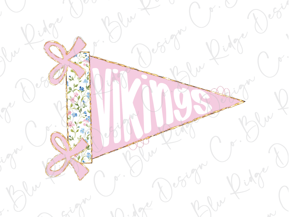 A pink triangular flag with the word "VIKINGS" written on it, along with two pink bows.