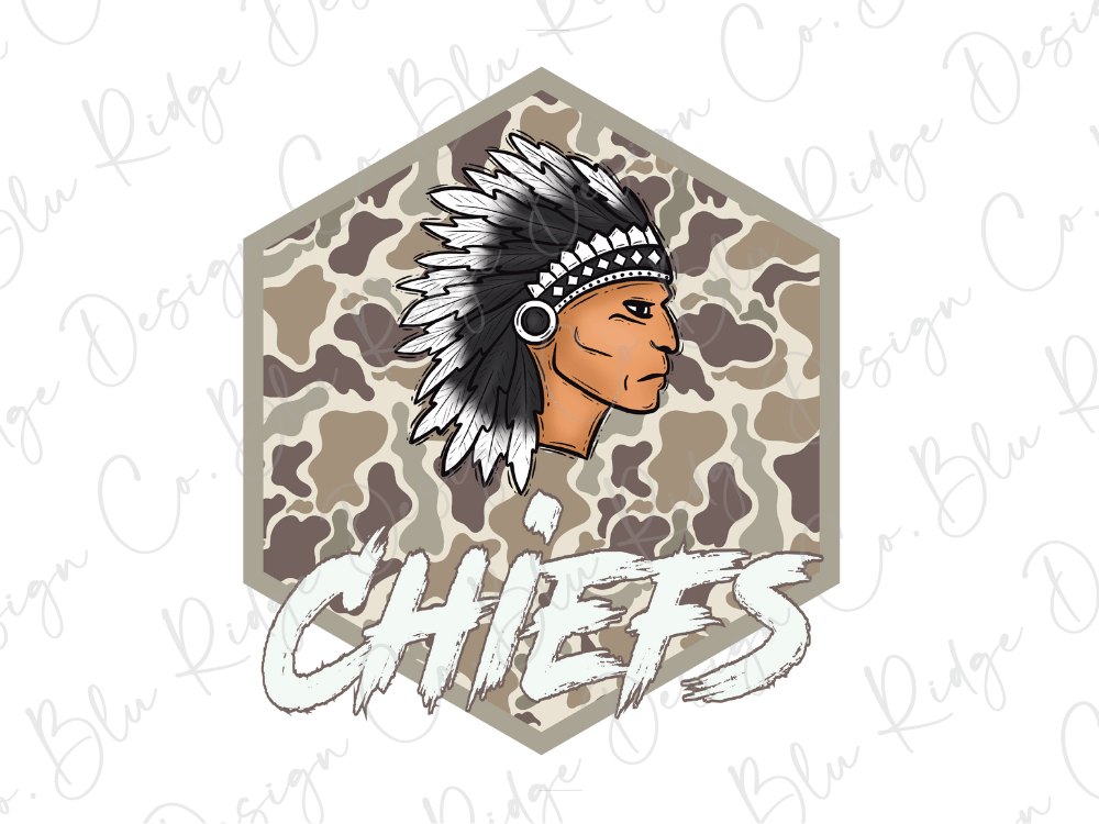 a Native American headdress with the word "CHIEFS" written below it, set against a camouflage pattern.