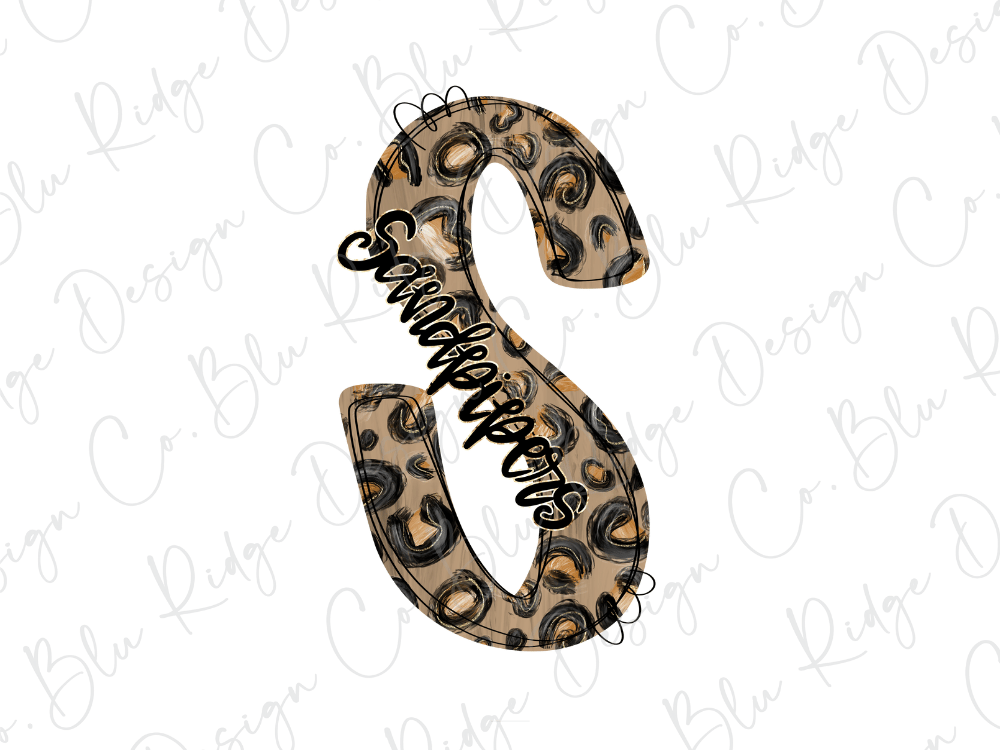A stylized letter 'S' with a leopard print pattern and the word "SANDWICHES" written in cursive below it.