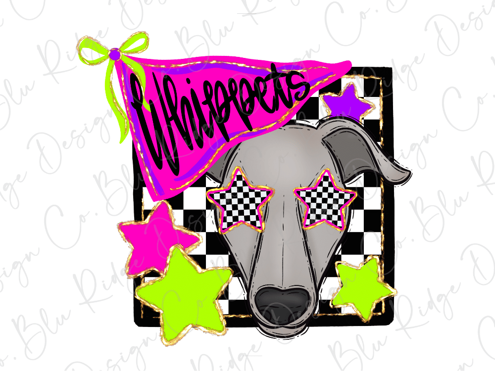 A stylized illustration of a dog's face with checkerboard star-shaped eyes, surrounded by a checkered flag and colorful stars.