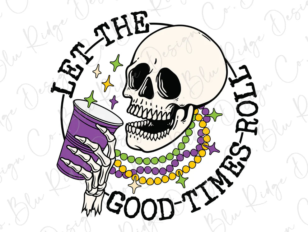 Let the Good Times Roll Drinking Mari Gras Skeleton with Beads Graphic T-Shirt