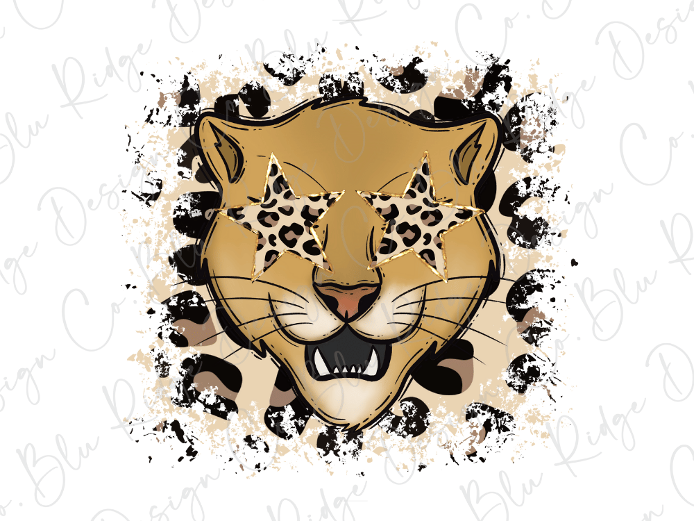 A stylized illustration of a leopard's face with star-shaped eyes, surrounded by a pattern of leopard spots and splatters.