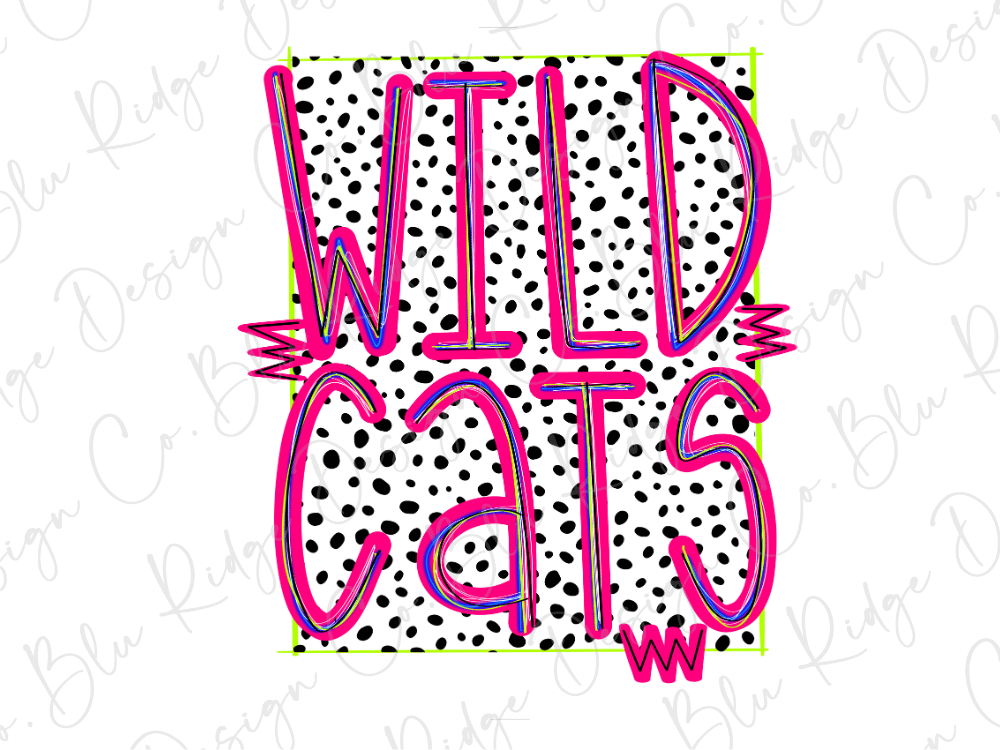 the text "WILD CATS" in a bold, pink font against a background of black and white polka dots.