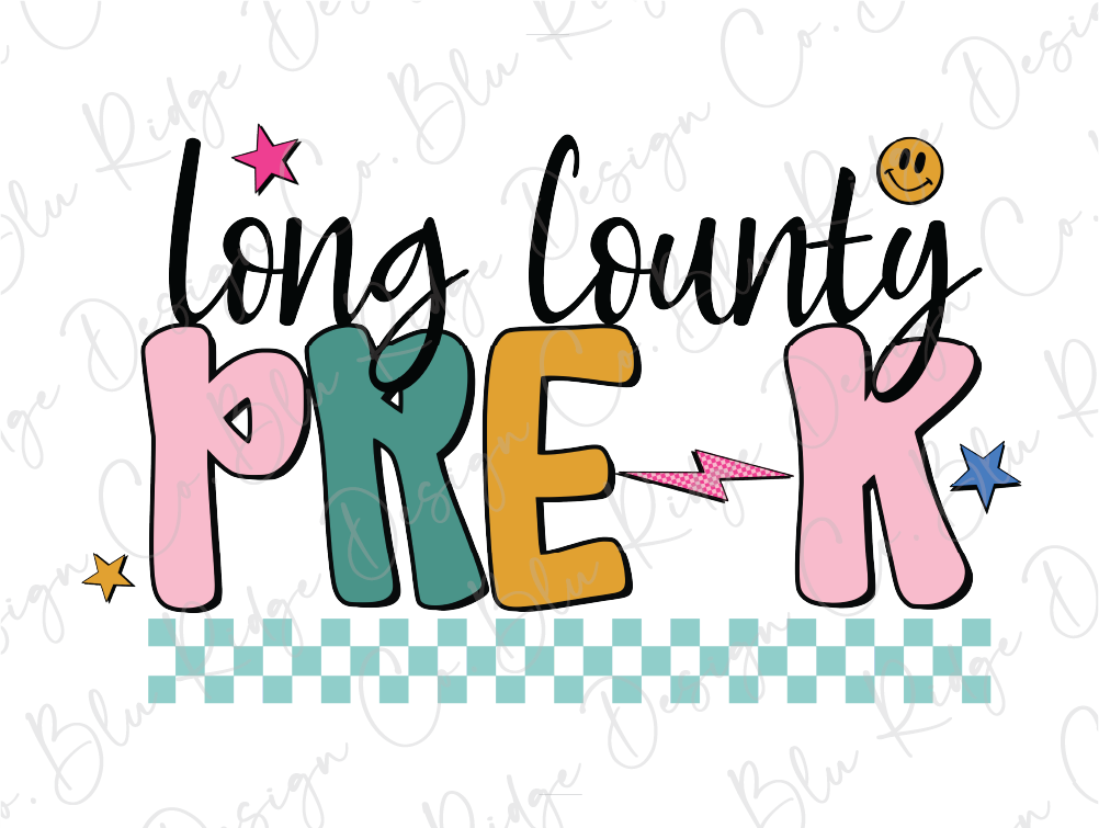 a colorful and playful design with the text "long County PREK" prominently displayed.
