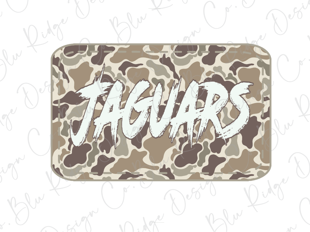 A camouflage-patterned rectangular object with the word "JAGUARS" written in a stylized font on it.