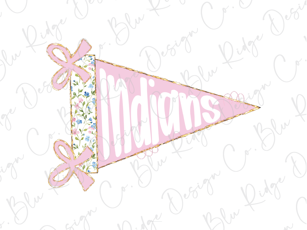 A pink triangular flag with the word "Indians" written on it, along with two pink bows.