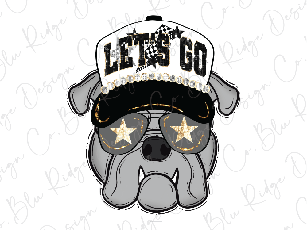 A cartoon image of a dog wearing a hat with the text "LET'S GO" and sunglasses with stars.