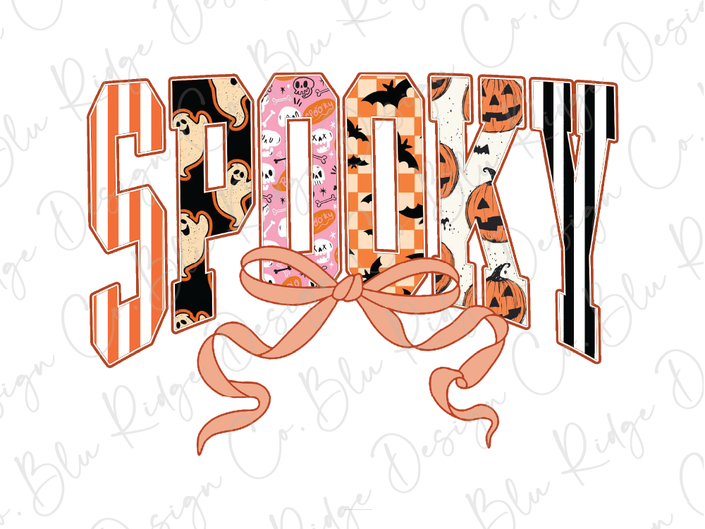 the word "SPOKEY" with various Halloween-themed elements such as bats, pumpkins, and ghost decorations surrounding it.
