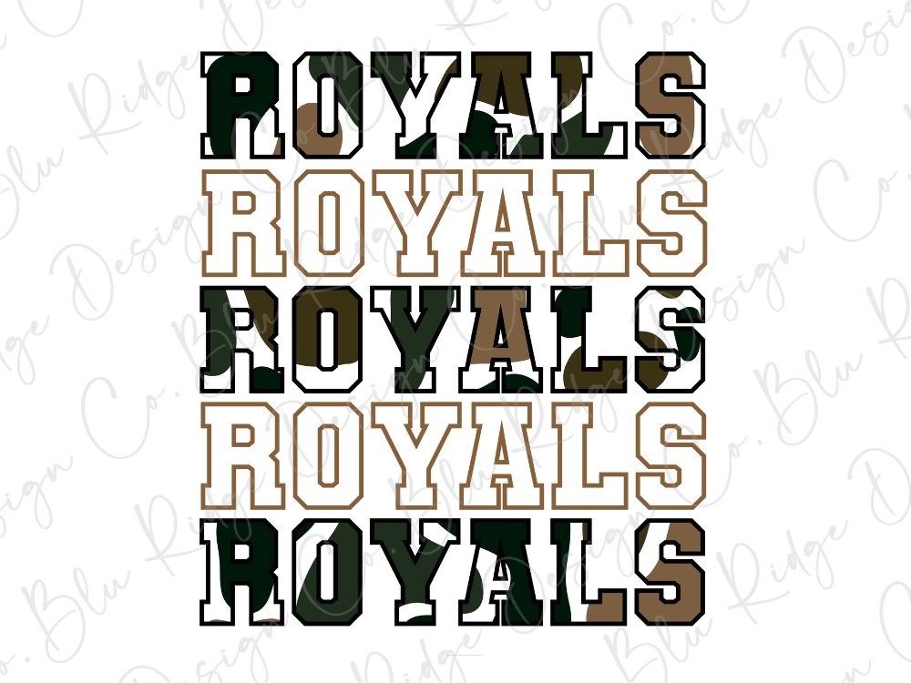 the text "ROYALS ROYALS ROYALS" in a stylized font, with the letters arranged in a repeating pattern.